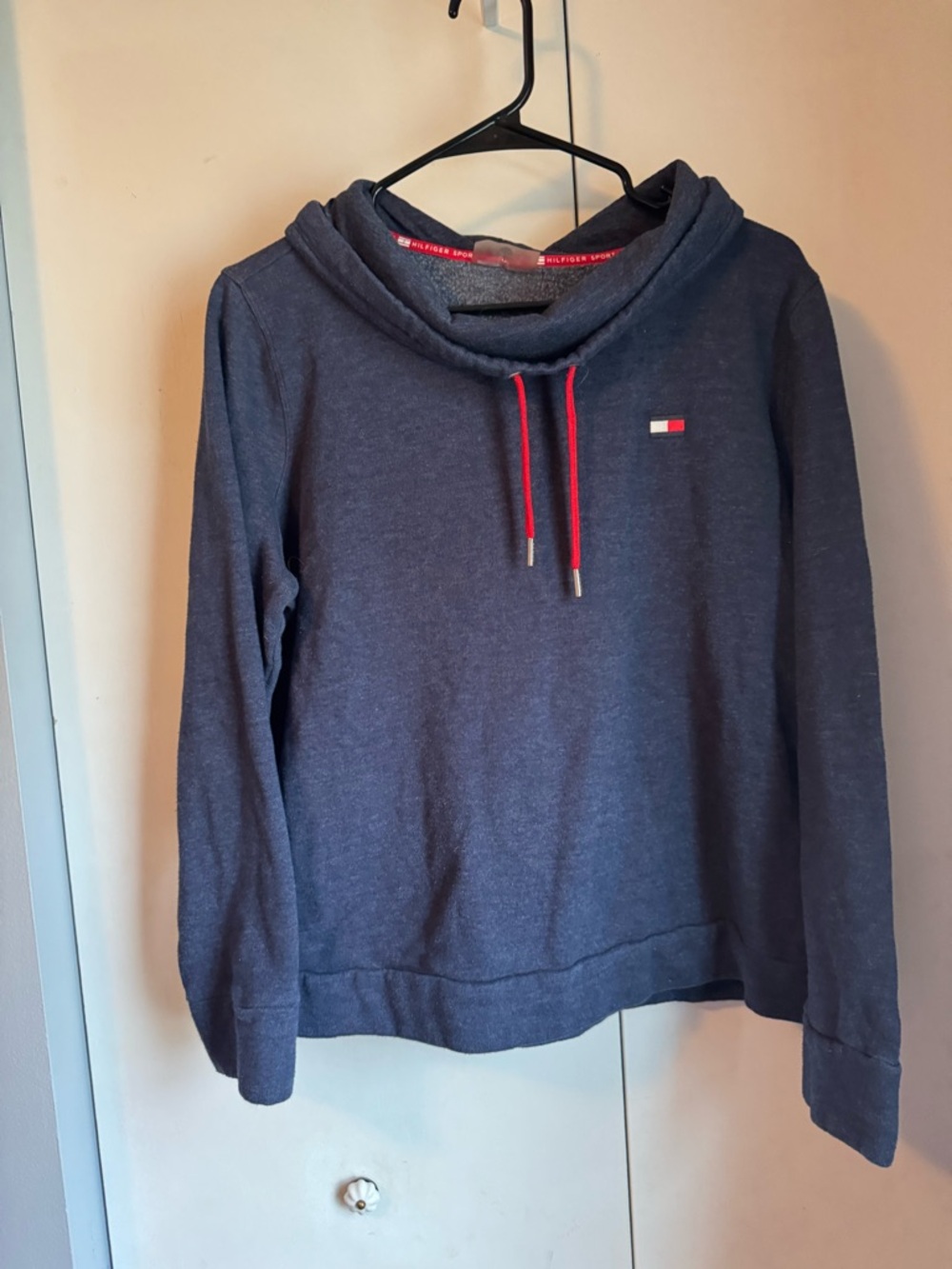 Tommy Hilfiger Heather Navy Hoodie with Red Drawcords and Cowl Neck